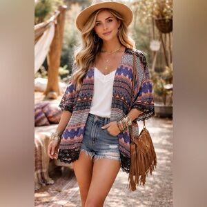 JESSICA SIMPSON Women’s MARJORIE Multi Border Lace Inset Kimono Topper L NEW